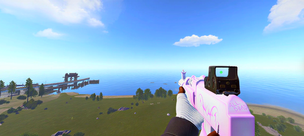 The same frame with Colorware on: deep blue sky and sea, vivid green grass and a bright pink rifle skin.